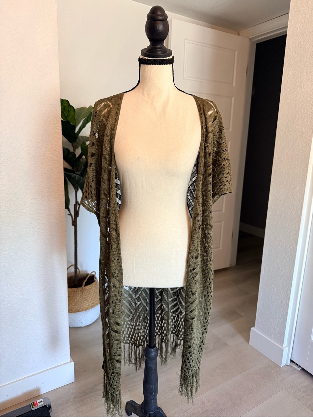 Olive Open-Knit Fringe Shawl Cardigan - Unbranded